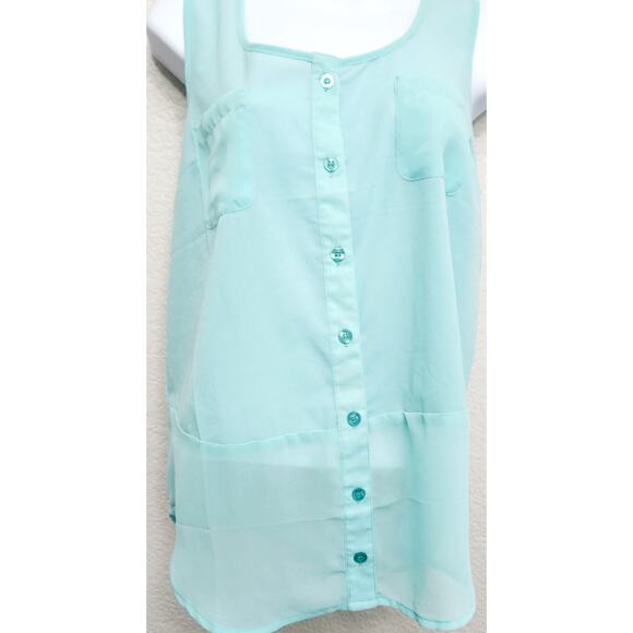 Mine Teal Sleeveless Button Up Top Small Lightweight Sheer Hem Breast Pockets - Picture 1 of 6